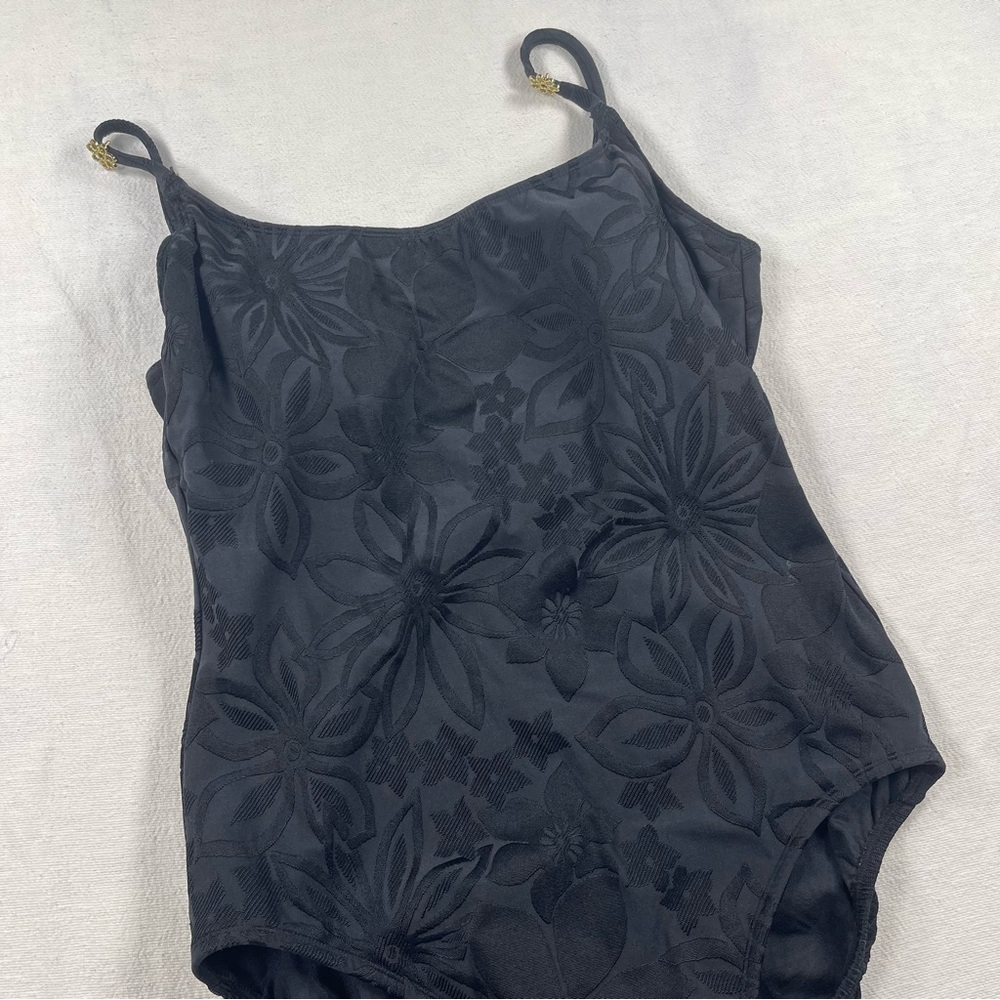 Longitude Black Floral One-Piece Swimsuit size 16 Retro Underwire Tummy Control